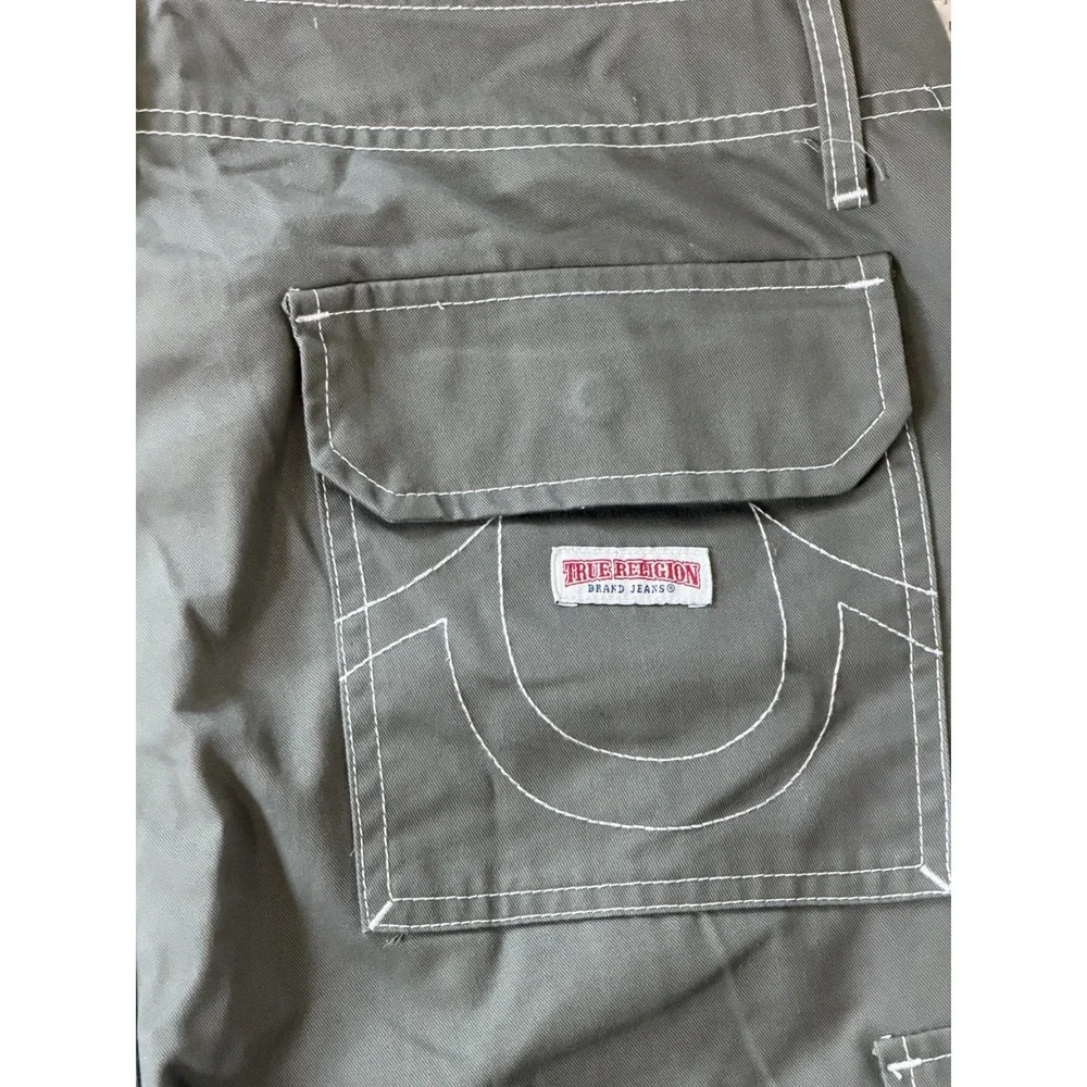 Men's True Religion Size 34 Olive Green Y2K Cargo Denim Wide Leg Gorpcore Jeans